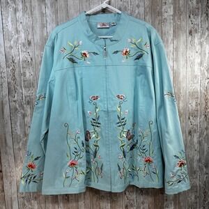 Quaker Factory New w/out Tags Women's Blue Floral Embroidered Zip Up Jacket 3Xgs